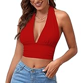 Rooscier Women's Deep V Neck Halter Tie Back Sleeveless Backless Cami Crop Top