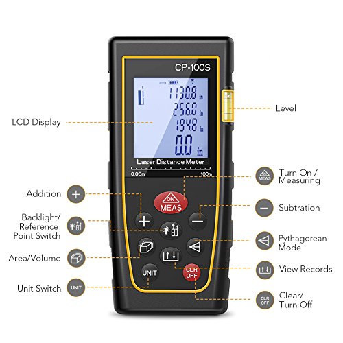 Laser Measure, 328 ft 100m Fnova Laser Distance Measure Splash Proof/Dust Proof Portable Measuring Tool for Distance, Volume, Pythagorean Mode, Â±1mm Accuracy, 20 Measurements, Laser Distance Meter
