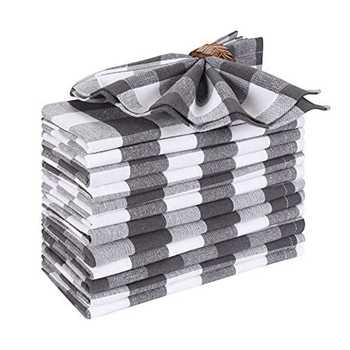 Ramanta Home Cloth Gingham Check Napkins Set of 12 (46x46 CM) Charcoal White- Reusable Machine Washable Soft Napkins - for Everyday Use, Weddings