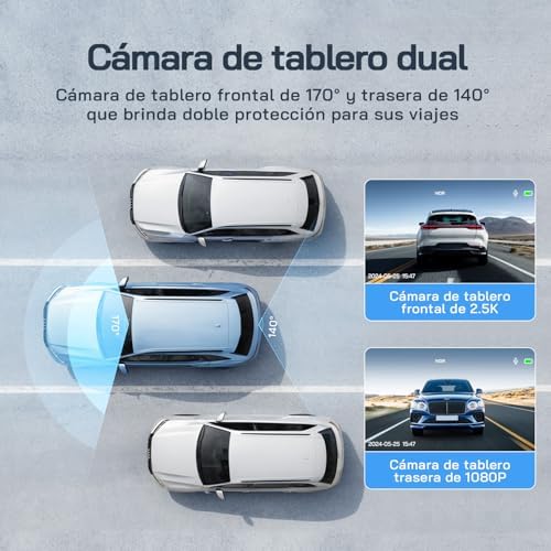 Dashcam, câmara frontal e traseira 2.5K QHD, câmara de tablier grande angular de 170º, monitor de estacionamento 24h com gravação em loop e sensor G