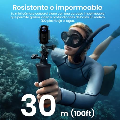 Sicilaien Cámara de Acción 360°, Mini Cámara Corporal POV, Subacuática 30m, WiFi, Gran Angular 120°, +10 Accesorios para Ciclismo, Viajes, Mascotas, Caminatas, Deportes + Tarjeta 64GB