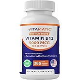 Vitamatic Vitamin B12 5000 mcg – 365 Fast Dissolve Tablets Berry Flavor – Supports Energy Production & Nervous System Health – Non-GMO, Gluten-Free
