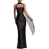 ABYOVRT Women Wedding Guest Dress Satin Corset Top Elegant Maxi Dresses with Sheer Scarf Evening Gown