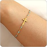Dabovos 18K Gold Plated Cross Bracelet for Women Dainty Gold Bead Cross Bracelet Adjustable Simple Link Chain Bracelets Faith Confirmation Jewelry Gifts