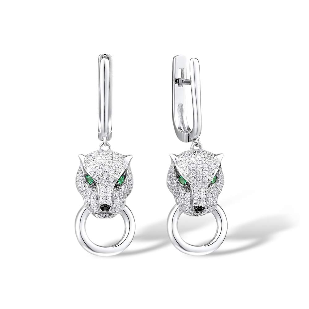 Namana Stunning Panther Earrings for Women. 925 Sterling Silver Earrings with Green and White Cubic Zirconia Gemstones with Panther Motifs. Sterling Silver Dangle Earrings for Women