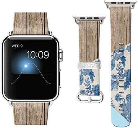 Compatible with Apple Watch Band 44mm 2018, Watchbands for iWatch 42mm, Leather Bands Compatible with Apple Watch 42mm Nike+ Series 4/3/2/1 Sports Edition Wood Grain and Blue Flower Stitching