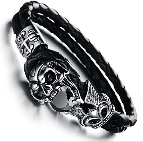 Elcer Gothic Stainless Steel Mens Skull Bracelet Genuine Braided Leather Silver Black