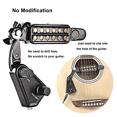 WINGO 12 SoundHole Guitar Pickup Transducer for Acoustic into Electric Guitar with Tone and Volume Control,Cable Length 10' -Black