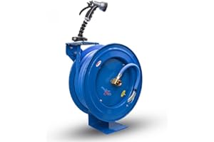 BLUBIRD BLUSEAL BSWR5850 Retractable Hose Reel with 5/8" x 50' Hot Water Rubber Hose, 6' Lead-in, 500 PSI, Brass Fittings, Swivel Mount Hose Reel, 9 Pattern Spray Nozzle