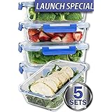 [LARGER PREMIUM 5 SET] 36 Oz. Glass Meal Prep Containers with Lifetime Lasting Snap Locking Lids Glass Food Containers BPA-Free, Microwave, Oven, Freezer and Dishwasher Safe (4.5 Cups, 36 Oz.)