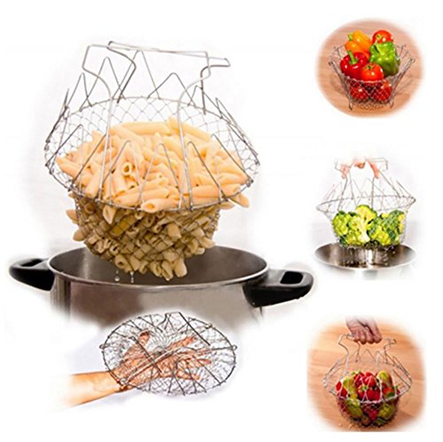 DayCount Foldable Deep Fry Steam Basket Stainless Steel Fryer Basket Present Fried Chip Strainer Portable Frying Net