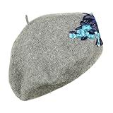 Vintage Rose Applique Beret, Warm 100% Wool Retro Cap with Floral Patch