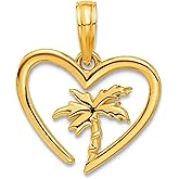 JewelryWeb 15mm 14k Solid Yellow Gold Polished Palm Tree In Love Heart Pendant Necklace Pendant for Women