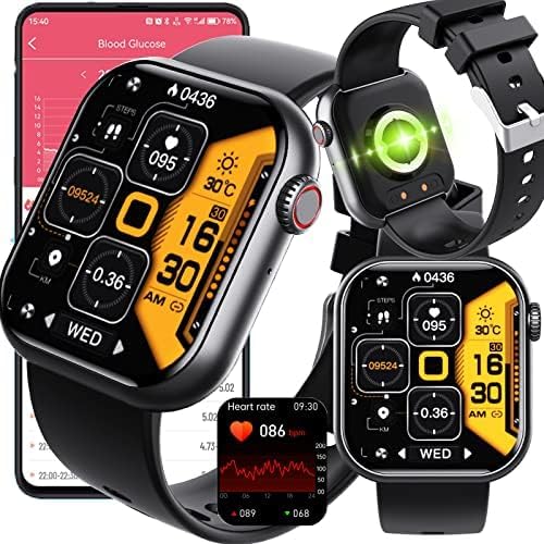 Blood Glucose Smart Watch, Health Monitor for 24/7 Blood Sugar, ECG/SpO2, Heart Rate Sleep Pressure Fitness Tracker Watch, 1.91'' Touch Screen, Bluetooth Answer/Make Call, 50+ Sports Modes (Black)