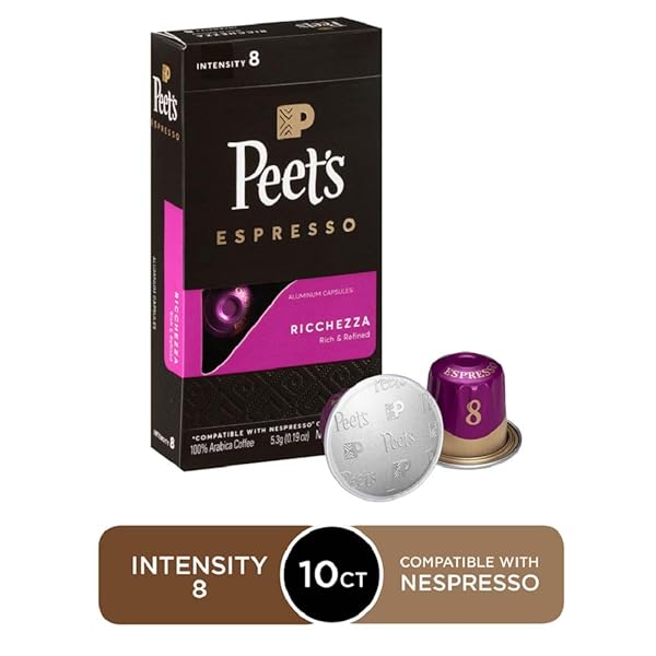 PEET’S COFFEE, MEDIUM ROAST ESPRESSO CAPSULES, COMPATIBLE WITH NESPRESSO ORIGINAL MACHINE, 100% ARABICA COFFEE – RICCHEZZA INTENSITY 8, 10 COUNT (1 BOX OF 10 ESPRESSO CAPSULES)