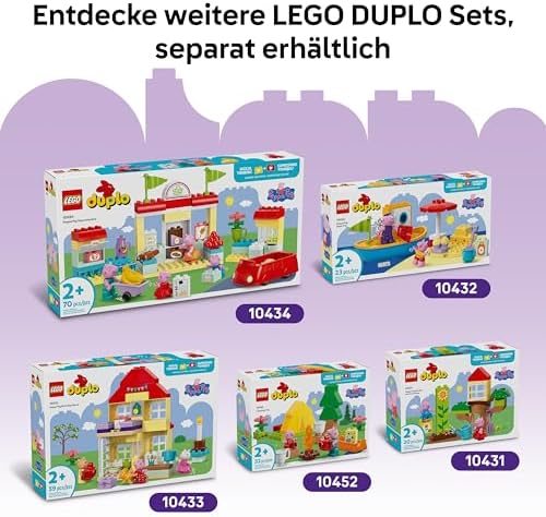 DUPLO Peppa Wutz Jahrmarkt - Montessori Spielzeug - Motorikspielzeug für Kinder ab 2 Jahren - Vorschule Spiele mit Riesenrad, Rutsche & 3 Figuren inkl. Mollie Mieze & Klausi Kläff 10453