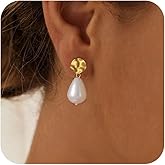 BLUEELM Pearl Drop Earrings for Women, 14K Gold Plated Statement Hypoallergenic Earrings, Trendy Small Pearl Dangle Chunky Jewelry for Wedding Gifts