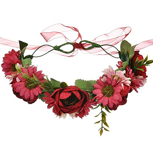inSowni Handmade Rose Flower Wreath Crown Headband with Ribbon for Women Girls (Burgandy Daisy Ribbon)