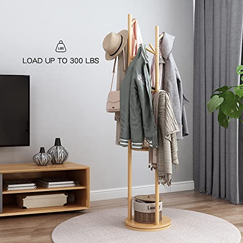 KASLANDI Wooden Coat Rack Freestanding, Rotary Coat Rack Stand with 3