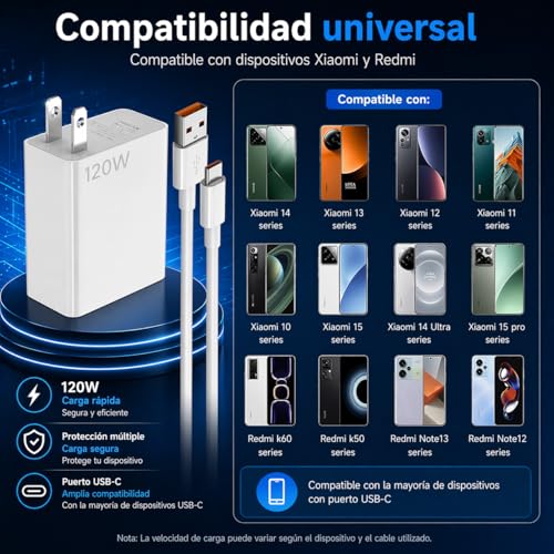 Rantuia Cargador 120W para Xiaomi con Cable USB C 6A 1M, Carga Rápida Turbo Tipo C Compatible con Xiaomi 15/14/13/12/11 Pro, 14T/13T/12T y Redmi Note K80/K70/K60/K50/13