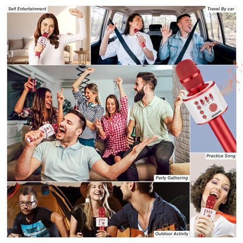 BONAOK Wireless Bluetooth Karaoke Microphone,3-in-1 Portable Handheld Mic Speaker Machine Birthday Home Party for PC or All Smartphone(Q37 Red)