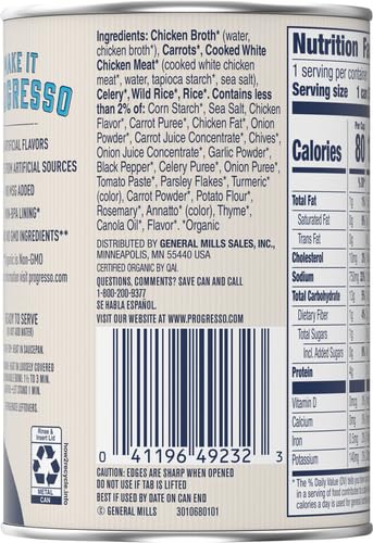 PROGRESSO ORGANIC CHICKEN & WILD RICE CANNED SOUP, 14 OZ.