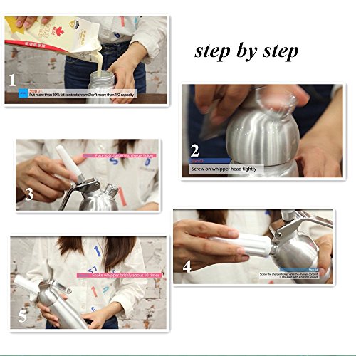 Professional Whipped Cream Dispenser 1 Pint send with Bonus Recipe Ebook/Whipped Cream Dispenser Gift with 3 Decorating Plastic Nozzles Charger Holder Cleaning Brush(Aluminum 500ML)