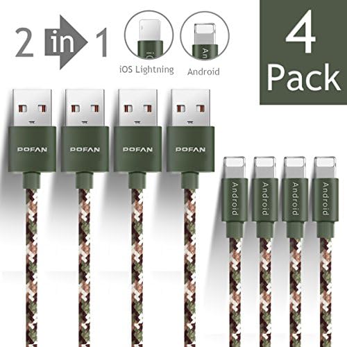 POFAN Nylon Braided Universal USB to Lightning + Micro USB Cable for both Apple and Android Phones (2-in-1 integrated interface) (Green Camouflage 3.9 Feet - 4P)