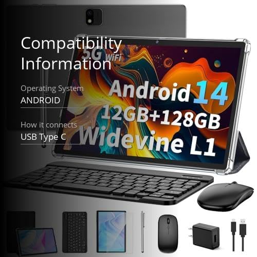 Android 14 Tablet with Keyboard, 12GB RAM (6+6), 128GB Storage, 1TB Expandable, 8000mAh Battery, 10 Inch 2-in-1 Tablets, Includes Case, Mouse & Stylus（Black Case）