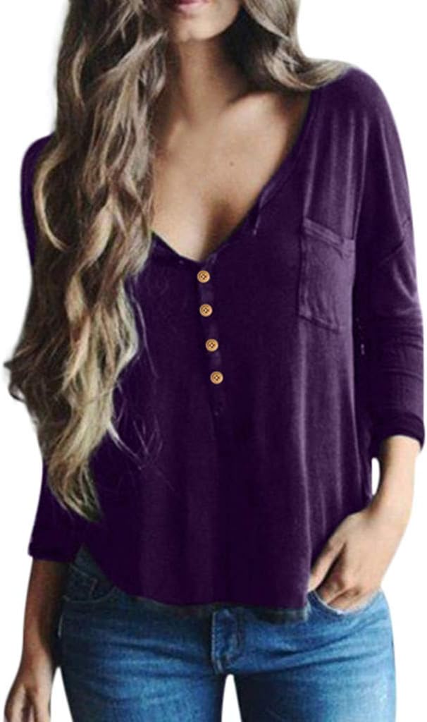 Mebamook T Shirts for Women, Women's Fashion Loose Casual Brief Cool Top V-Neck Full Sleeve Button Blouses