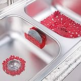 mDesign Floral Kitchen Sink Protector Mat, Sponge Holder, Drain Strainer - Set of 3, Red