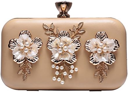 Migubal Leather Metal Flower Pearl Beaded Rhinestone Evening Clutch Women Handbag For Wedding Prom Party(Beige)