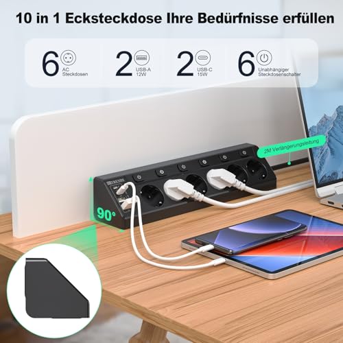 HITRENDS Ecksteckdose mit USB, 6 Fach Tischsteckdose Steckdosenleiste mit Schalter, Mehrfachsteckdose Ecke Steckerleiste mit 2 USB und 2 Type-C, 10 in 1 Überspannungsschutz mit 2M Kabel, Schwarz