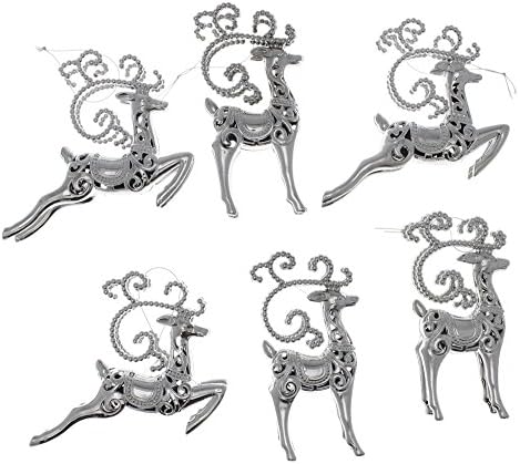 Elegant Christmas Holiday Metallic Reindeer Ornaments, Silver, Medium, Set of 6, 7" x 3" x 1"