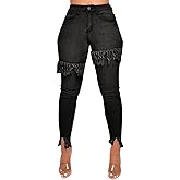 FairBeauty Women's Skinny Stretch Jeans Frayed Raw Hem Slim Fit Jeans Ripped Denim Pants