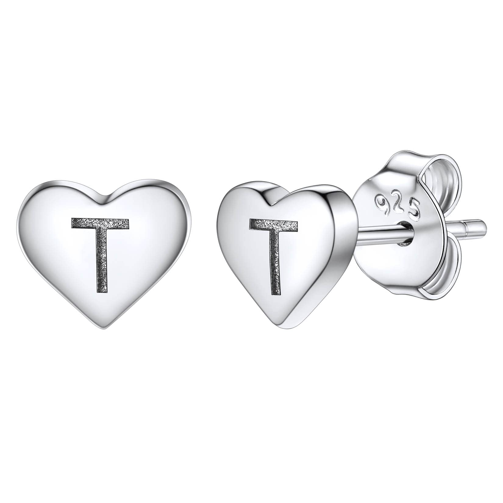 Studs Earrings for Women, S925 Sterling Silver Heart Initial Letter T Small Tiny Earrings for Girls Ladies Mum Daughter Sisters Friends Lover Hypoallergenic Silver Jewellery with Gift Box