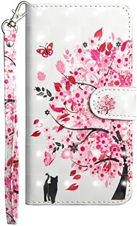 iPhone Xs Max - Case (6.5″ Display), MerKuyom [Special 3D][Wrist Strap] [Kickstand] Premium PU Leather Wallet Pouch Flip Cover Case W/Stylus for Apple iPhone Xs Max (Black Cat Pink Flower Tree)