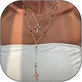 Navirix Gold Cross Lariat Necklace,Layered Crystal Cross Pendant Long Y Necklace for Women,Dainty Stackable Chain Prom Cocktail Jewelry