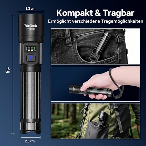 LED Rechargeable Torch Pack of 2, USB-C, Zoom, IPX6, LCD Display, 5 Modes | Extremely bright, 5 modes and zoomable, tactical with LCD display, waterproof, for camping, outdoor, survival, emergency