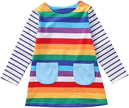 MINSINHO Cute Toddler Baby Kids Girl Long Sleeve Striped Rainbow Party Dress Spring Autumn Clothes (Multicoloured, 4-5 Years)