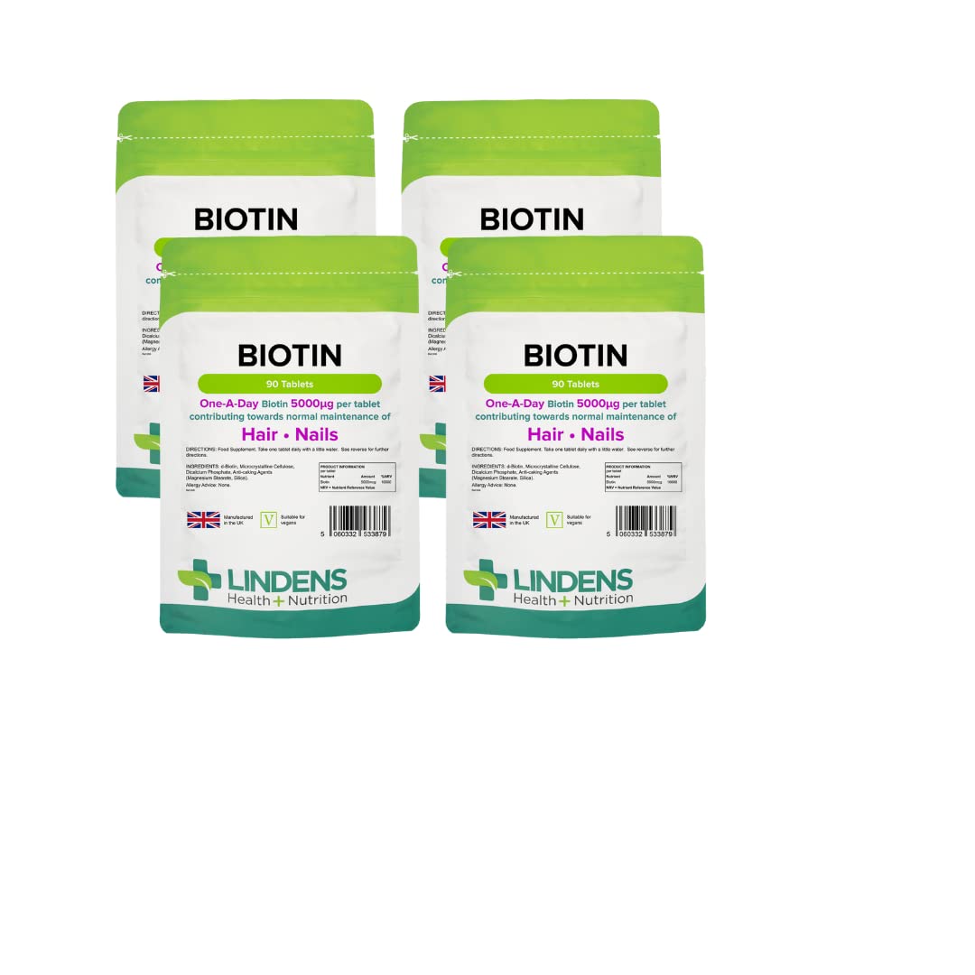 Lindens Biotin 10mg Tablets - 360 Pack - Contributes Towards Normal Hair and Nail Strength for Women & Men with Each Serving Contains 100X Nrv of Biotin - UK Manufacturer, Letterbox Friendly