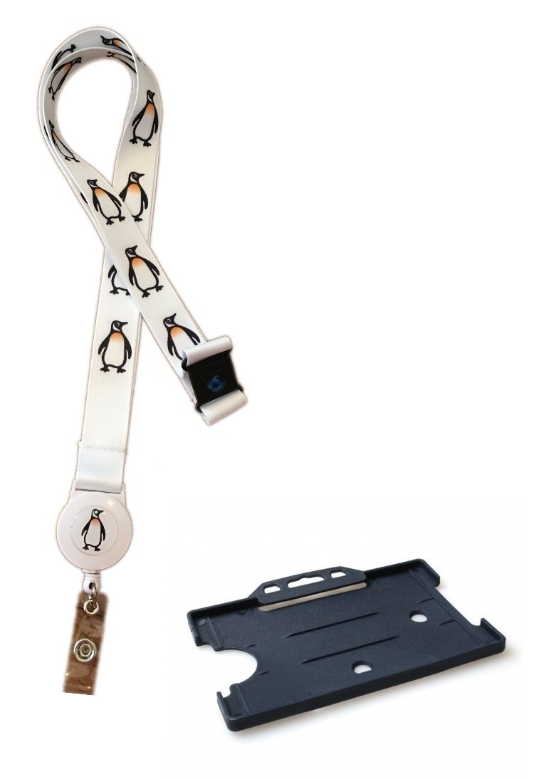 Hi Quality 20mm Lanyard with Integrated Retractable Badge Reel & Matching Single Card Holder (Penguin Horizontal (White))