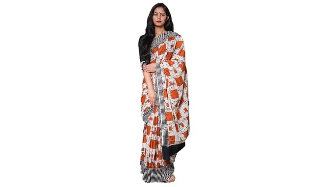Orange Checkered Cotton Hand Block Printed Saree