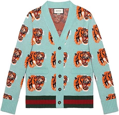ECTIC 2018 New Embroidered tiger Men 100% Wool Cardigan Sweaters Sweatshirt (Green, L)