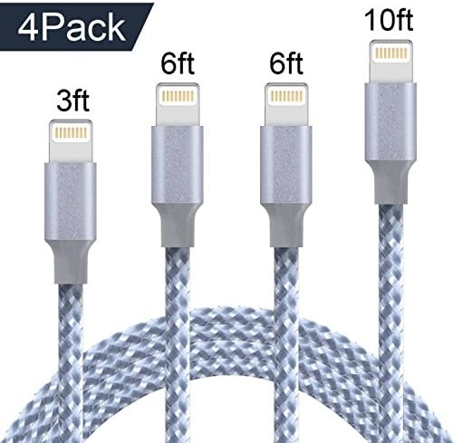 QIANXIANG iPhone Charger 4Pack 3FT 6FT 6FT 10FT, Extra Long Nylon Braided Charging Cord Lightning Cable to USB Charger for iPhone X, 8, 7 Plus, 6S, 6, SE, 5S, 5, iPad, iPod touch (Grey and White)