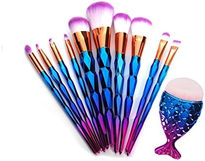 11Pcs Diamond Ocean Blue Makeup Brush Set Mermaid Fishtail Shaped Foundation Powder Cosmetics Brushes Rainbow Eyeshadow Brush Kit
