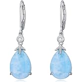 Larimar Earrings 925 Sterling Silver Dainty Teardrop Blue Larimar Genuine Diamond Leverback Dangle Earrings Valentine's Day Birthday Christmas Jewelry Gifts for Women Mom Her
