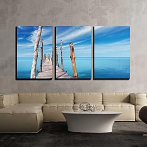 3 Piece Canvas Wall Art - Wooden Pier on a Tropical Island, Sea and Blue Sky in Thailand - Modern Home Art Stretched and Framed Ready to Hang - 16"x24"x3 Panels