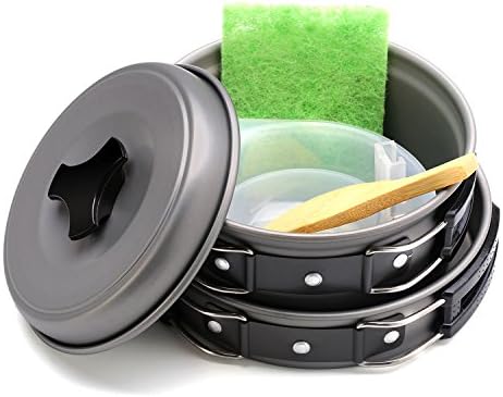 OuterWay Camping Cookware Mess Kit outdoor cooking set 8 Piece Lightweight Compact Cookset for Hiking Backpacking Durable Pot Pan Bowls
