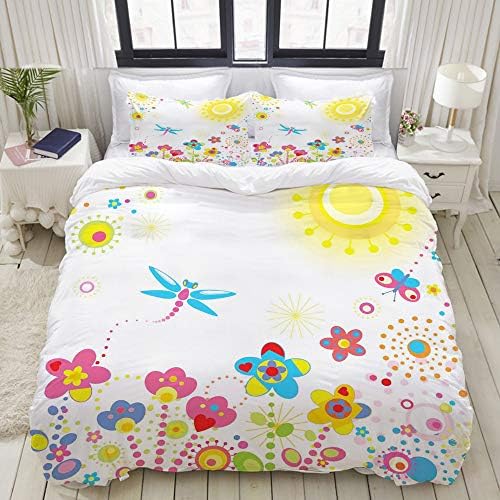 VAMIX Duvet Cover Set, Dragonfly Dandelions Happiness Print, Decorative 3 Piece Bedding Set with 2 Pillow Shams, King Size